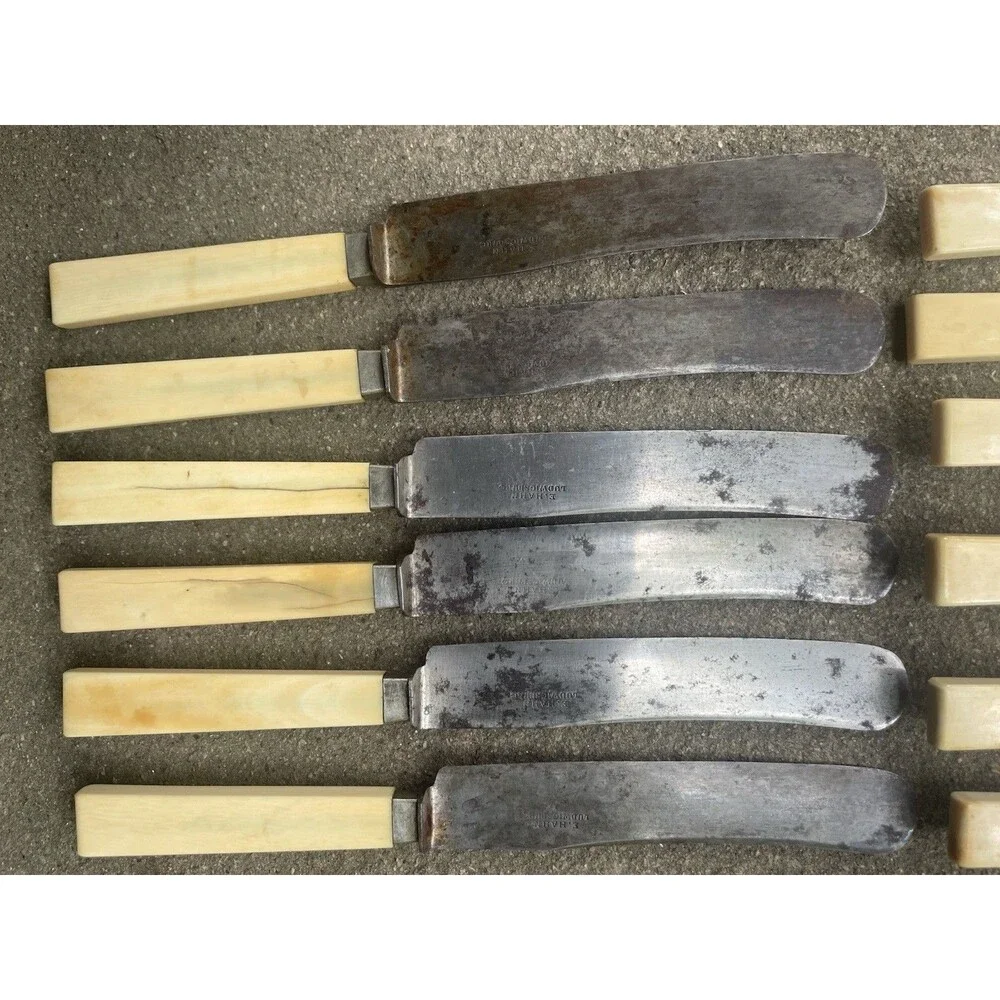 12 Antique Eugen Hahn Ludwigsburg German Dinner Knives Carbon Steel Bone Handle